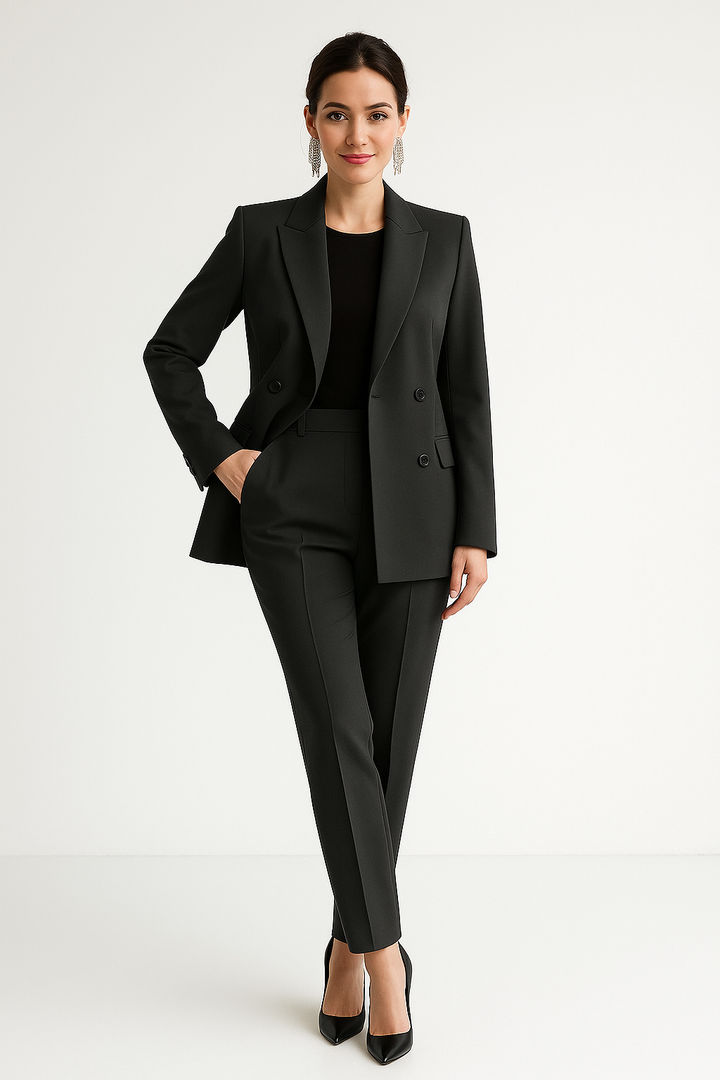 Damen Hosenanzug in Schwarz mit Zweireiher Blazer und schmaler Anzughose