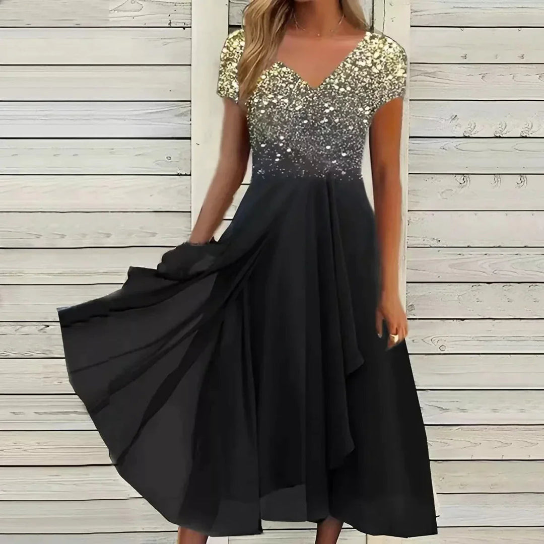 Feminines Swingkleid, Midi-Länge. Damen Cocktailkleid mit Blumenprint am Oberteil & schmeichelndem V-Ausschnitt.