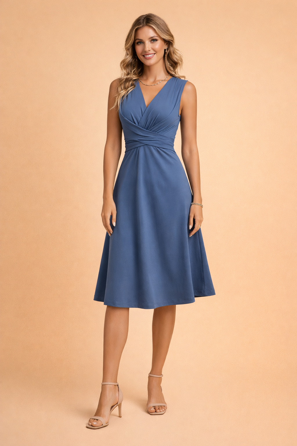 Elegantes blaues Damen Mini-Sommerkleid mit schmeichelhaftem V-Ausschnitt und kurzen Ärmeln. Perfekt für Sommer-Events.