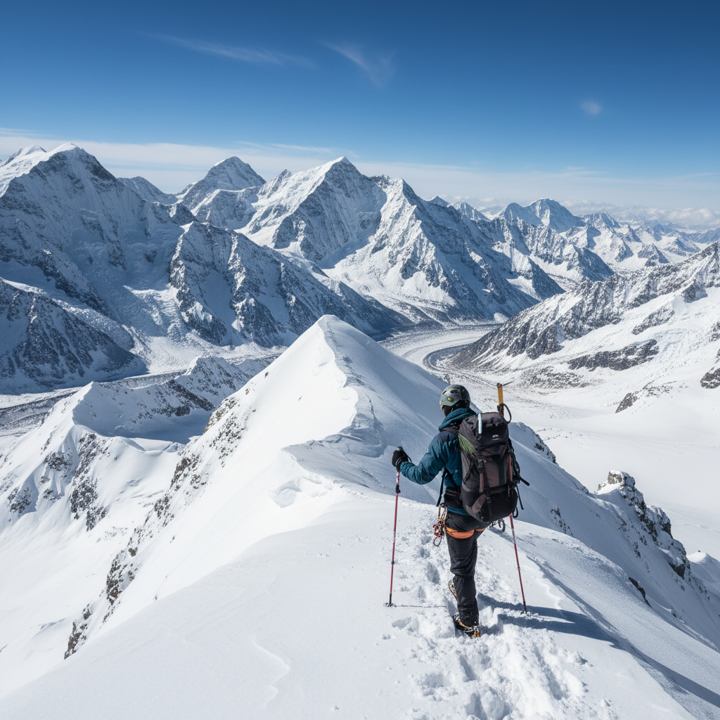 Wanderer mit Trekkingstöcken auf verschneitem Berggipfel im Winter