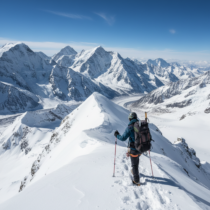 Wanderer mit Trekkingstöcken auf verschneitem Berggipfel im Winter