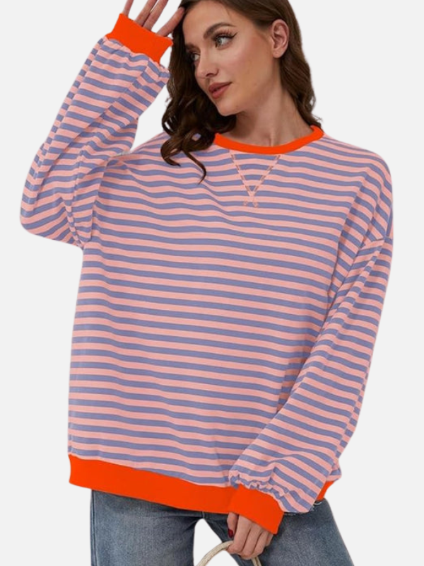 Damen Oversized Sweatshirt gestreift mit Rundhalsausschnitt im Detail