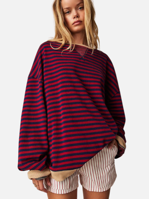 Bunter gestreifter Pullover für Damen in Oversized Passform von hinten
