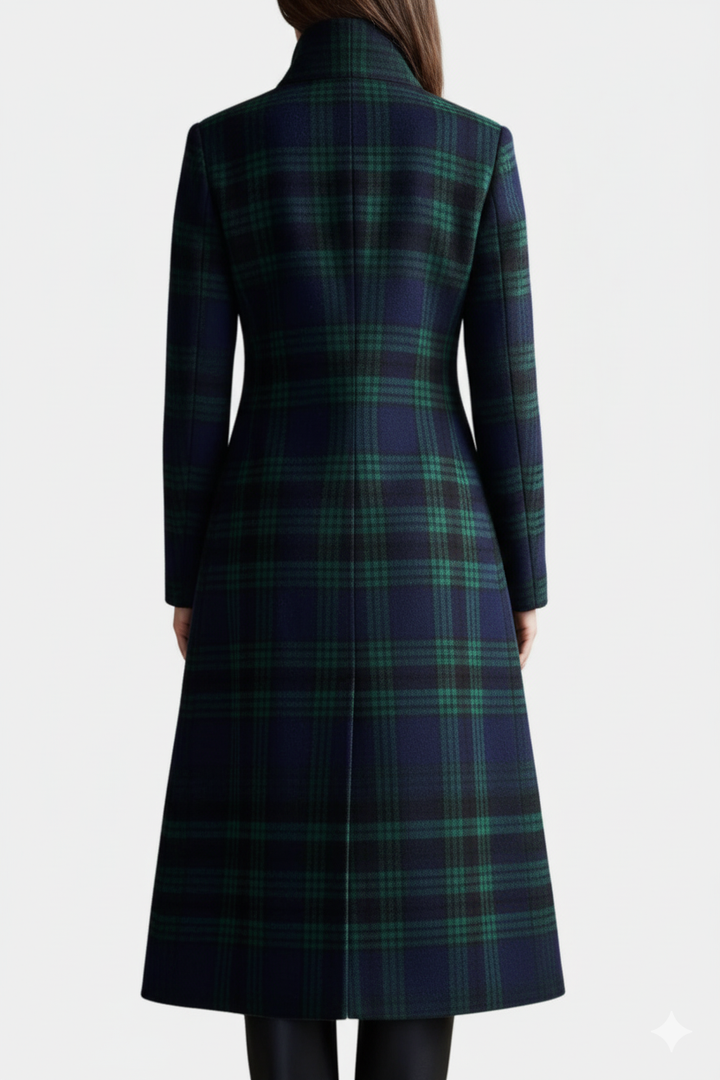 Vielseitiger grüner und blauer karierter Damen Midi-Mantel. Warme und stilvolle Herbst- und Winter-Outerwear.