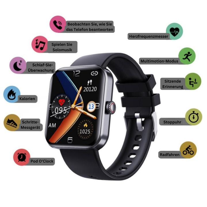 Schwarze Smartwatch mit Fitness-Tracking, Herzfrequenzmesser, Kalorienzähler, Schlafüberwachung.