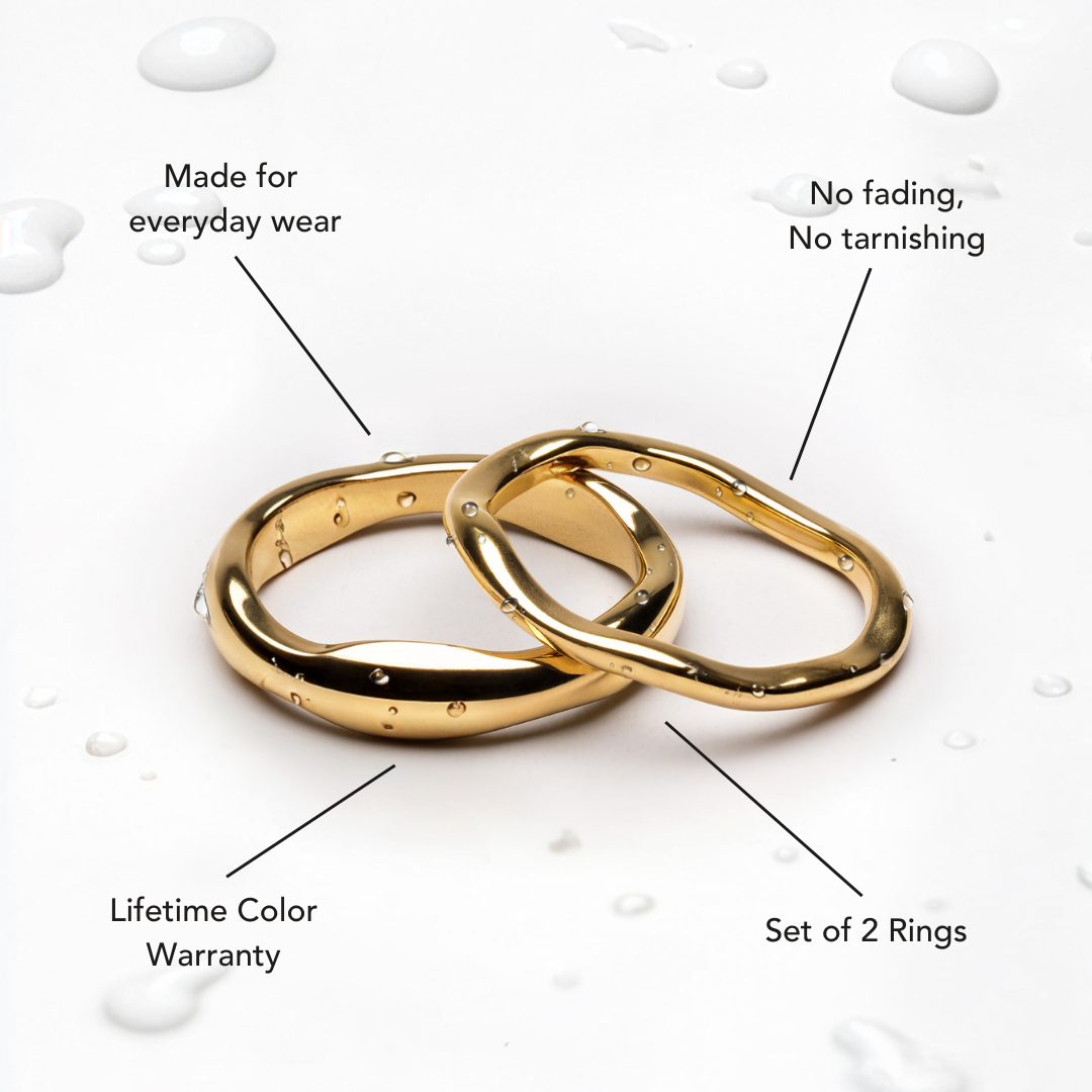 Goldenes Ring-Set mit Wassertropfen und Hinweisen zu Alltagstauglichkeit