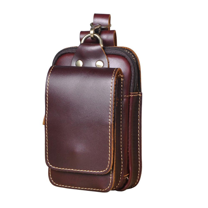 Braune Ledertasche mit Gürtelschlaufe, Handyhalter, Vintage-Stil, robust und elegant.