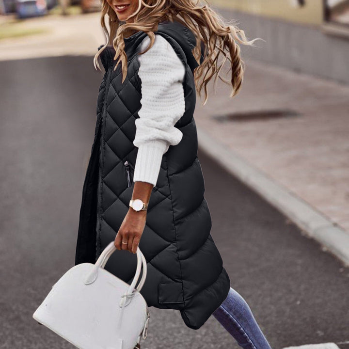 Damen Langer Puffer-Weste mit Kapuze, Karbonfarben