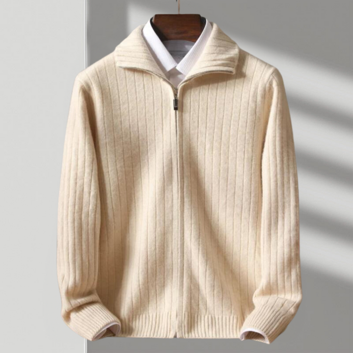 Beige Herren Strickjacke mit Reißverschluss und Rippstruktur auf Kleiderbügel