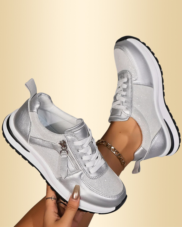 Silberne Damen Sneaker mit Reißverschluss und Schnürung