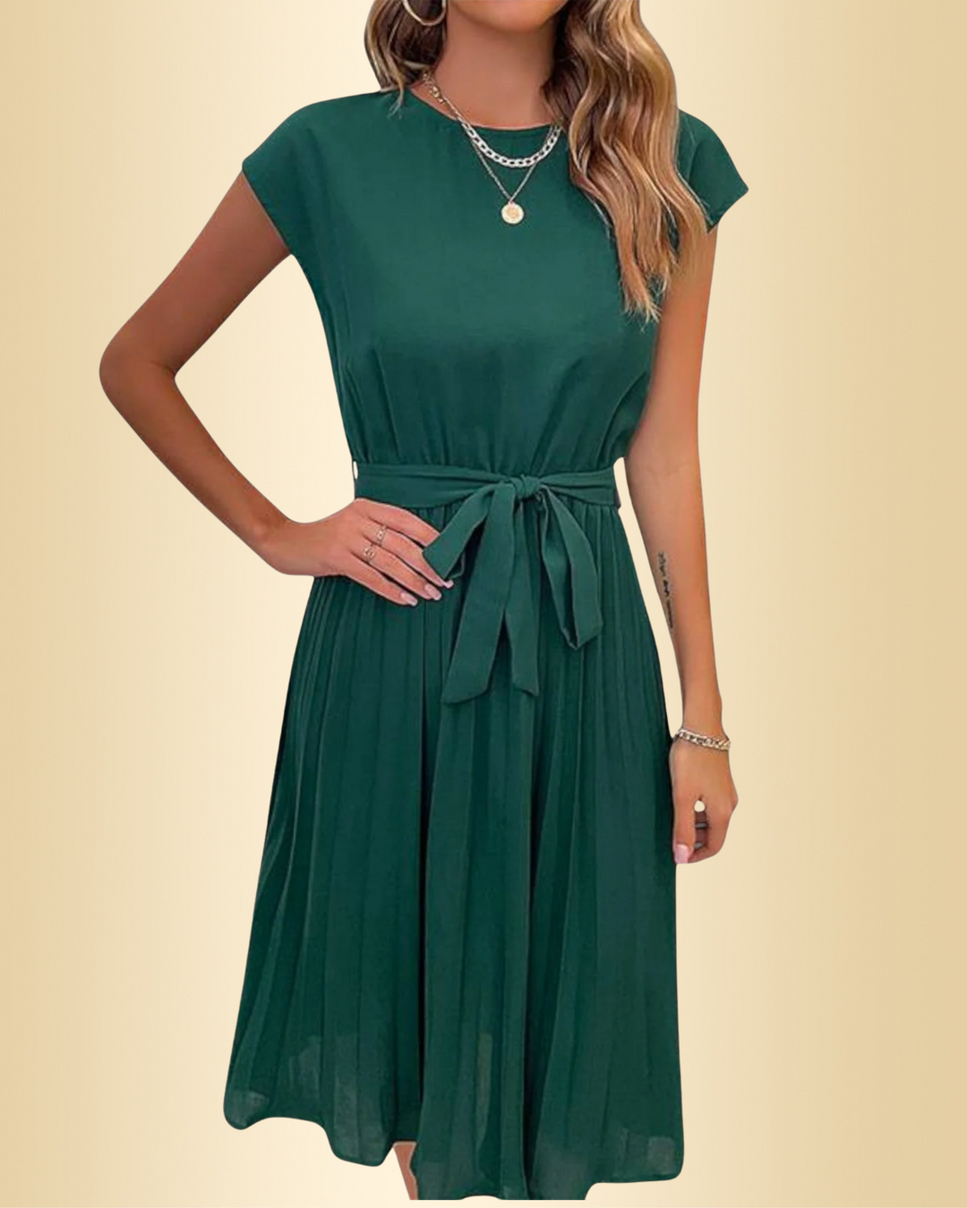 Damen Sommerkleid in Grün mit Bindegürtel und Plissee-Rock