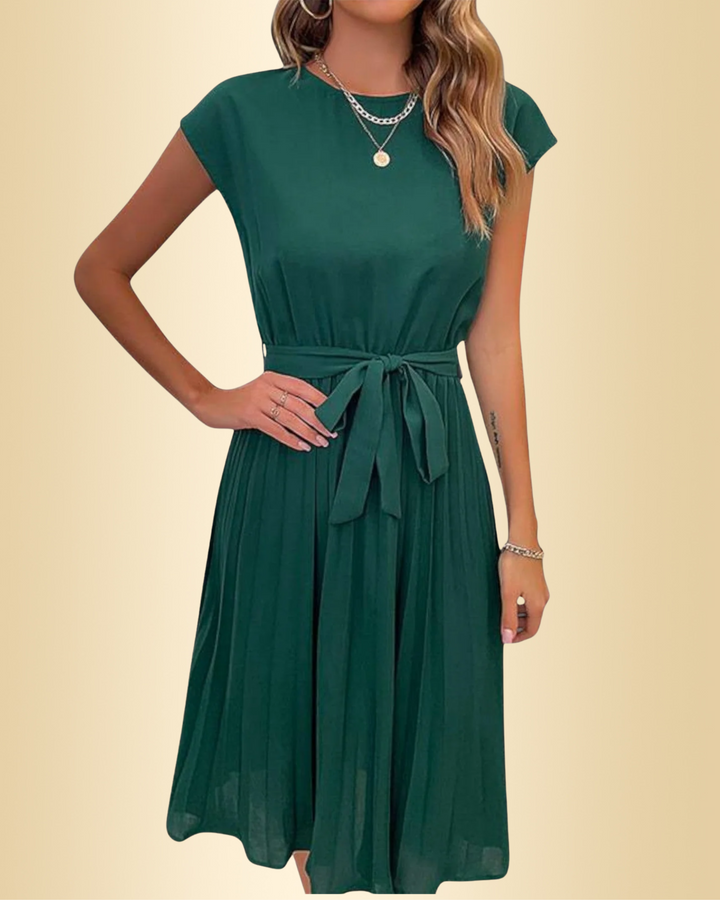 Damen Sommerkleid in Grün mit Bindegürtel und Plissee-Rock