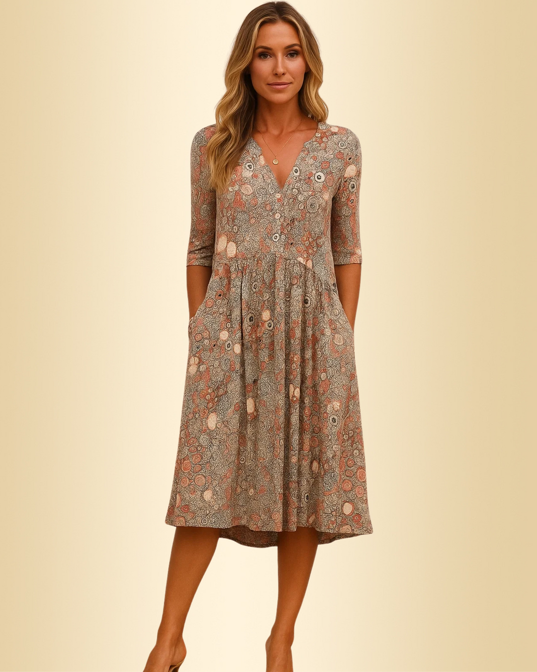 Elegantes Damen V-Ausschnitt Kurzarmkleid in Beige, perfekt für Büro & Freizeit.