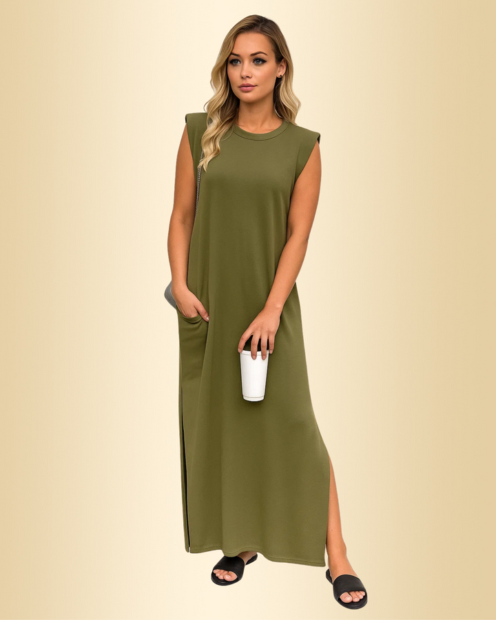 Damen Maxikleid in Army Green mit ärmellosem Design und praktischen Taschen