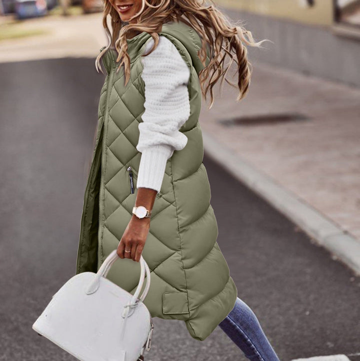 Damen Langer Puffer-Weste mit Kapuze, Karbonfarben