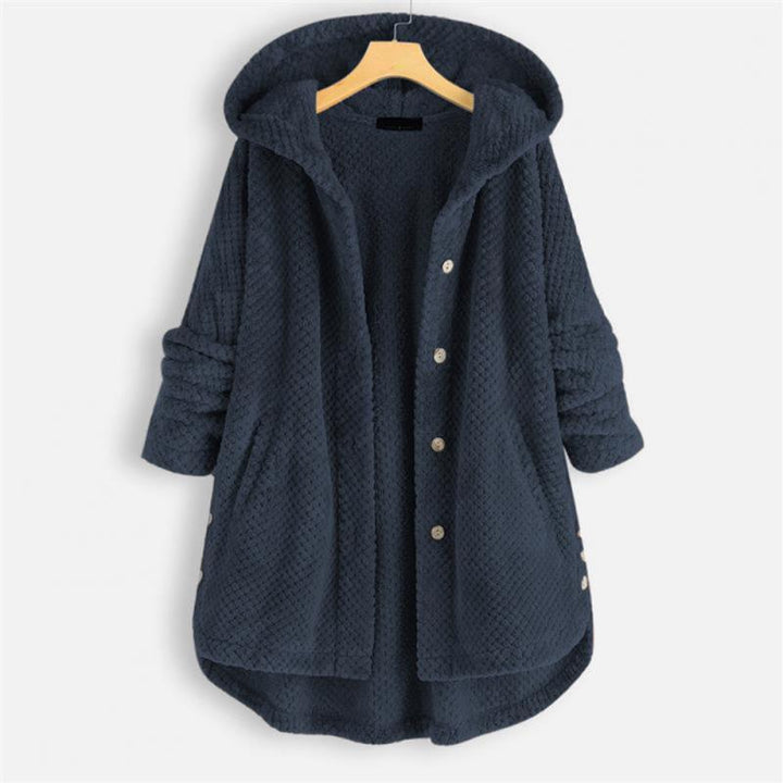 Dunkelblaue Damen Kapuzenjacke auf einem Bügel