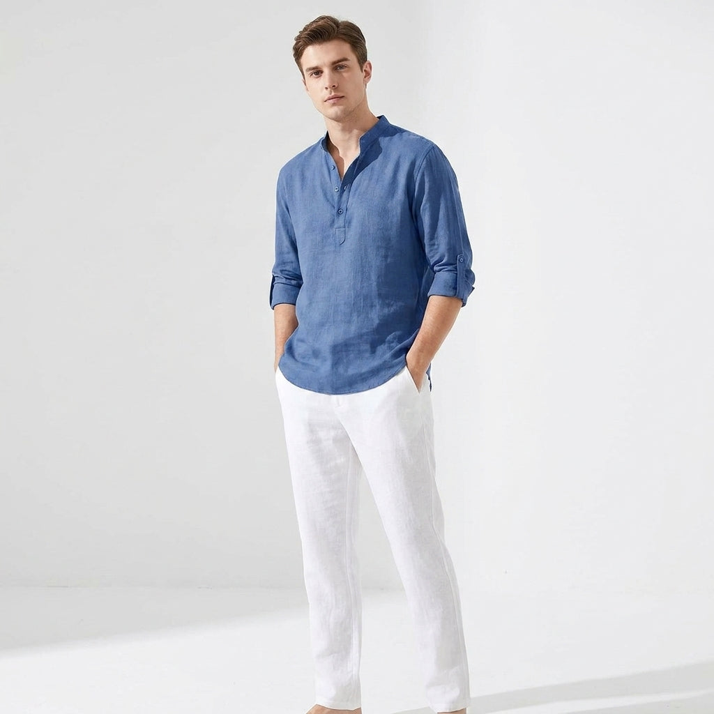 Herren Stehkragenhemd in Blau, Langarm, klassisch-modern