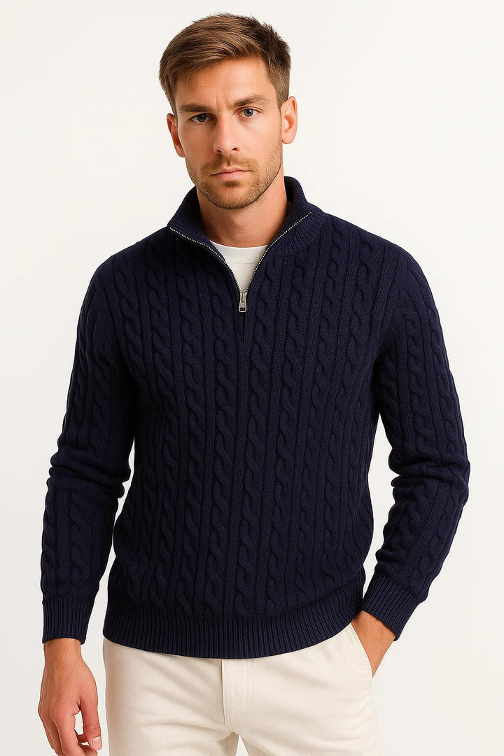 Herren Zopfmuster Strickpullover in Marineblau mit Reißverschluss