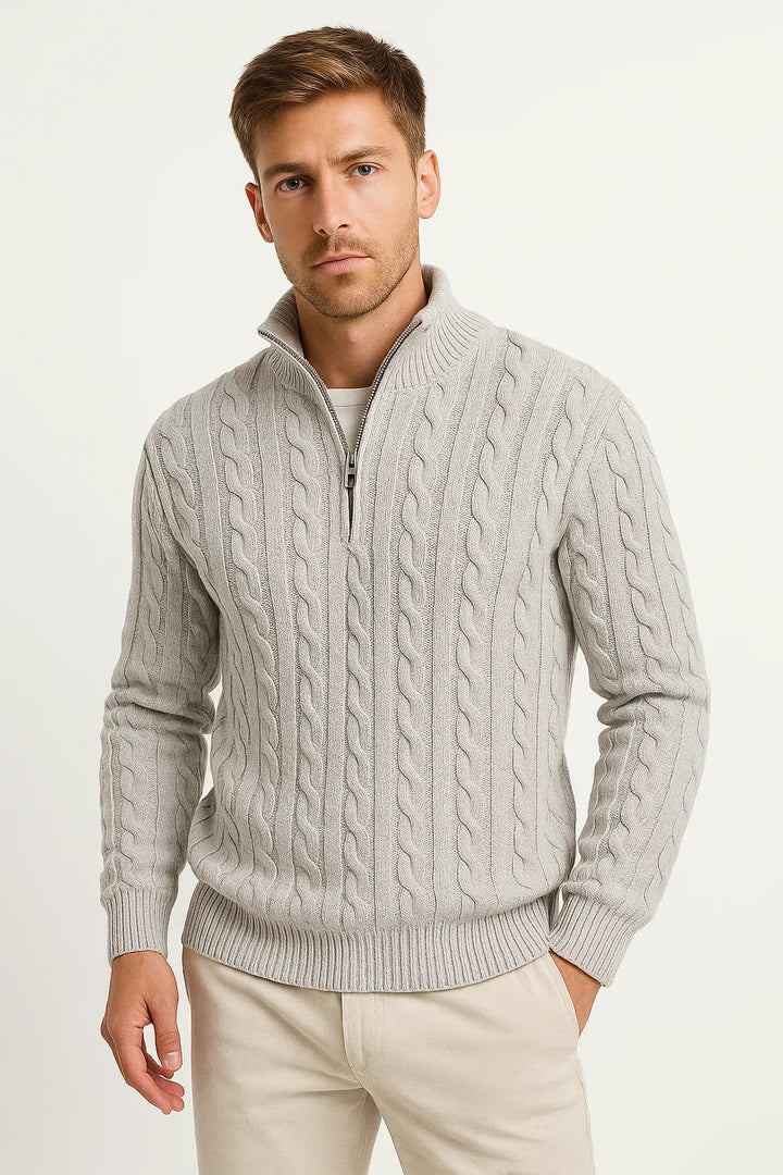Herren Zopfmuster Strickpullover in Hellgrau mit Stehkragen