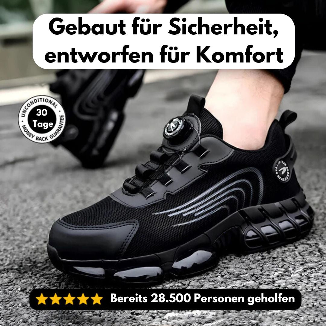 Schwarze Herren Sicherheitsschuhe mit Stahlkappe und Knopfschnürung, bequem für den Arbeitsalltag.