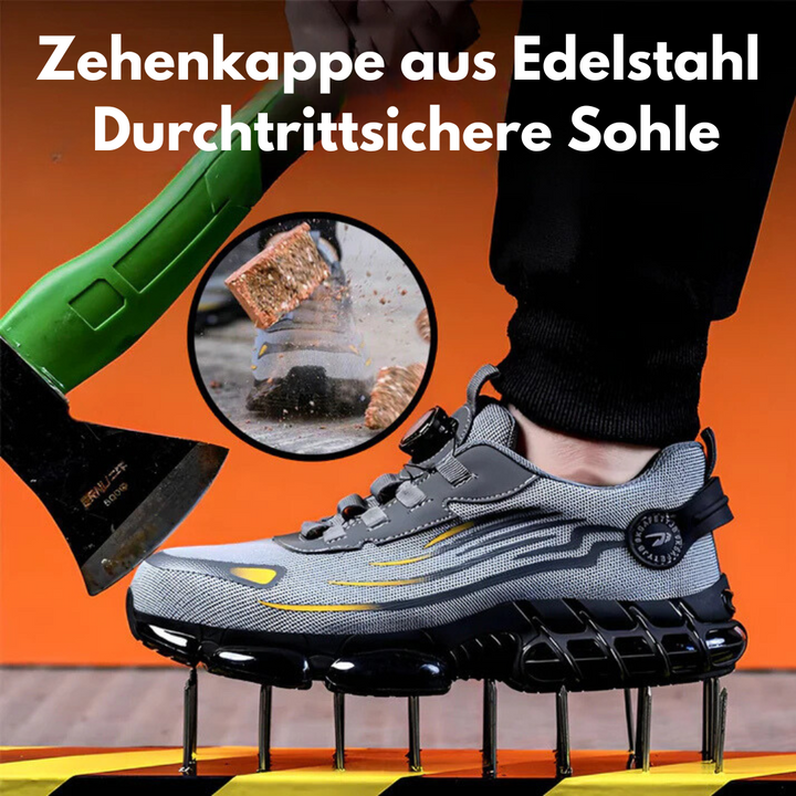 Detailaufnahme von grauen Sicherheitsschuhen, die den Zehenschutz durch die Stahlkappe und die durchtrittsichere Sohle demons