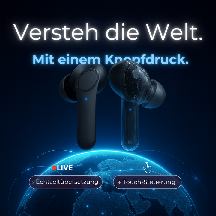 Kabellose In-Ear Kopfhörer mit Live-Übersetzung vor Weltkugel-Hintergrund