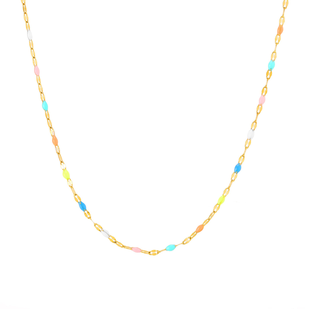 Filigraner goldener Damen Choker mit Regenbogen-Emaille-Elementen. Wasserfester, hypoallergener Schmuck, elegant & bunt.