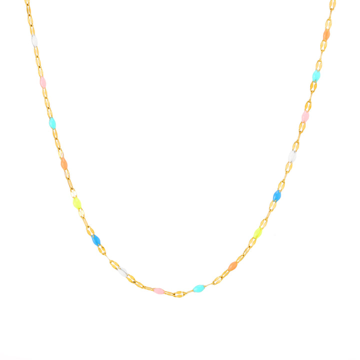 Filigraner goldener Damen Choker mit Regenbogen-Emaille-Elementen. Wasserfester, hypoallergener Schmuck, elegant & bunt.