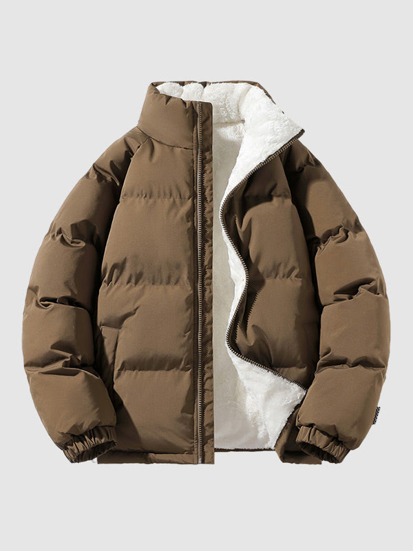 Herren Pufferjacke in Braun mit offenem Kragen und weissem Futter
