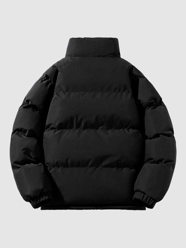 Herren Pufferjacke Johan in Dunkelblau, Detailansicht des Reißverschlusses und Stehkragen