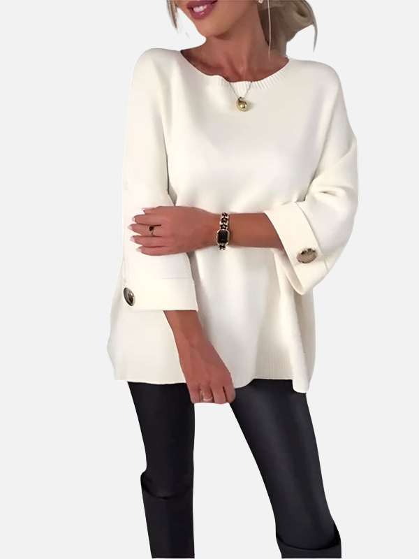 Damen weisse lange Strickbluse mit Knopfdetail an den Ärmeln