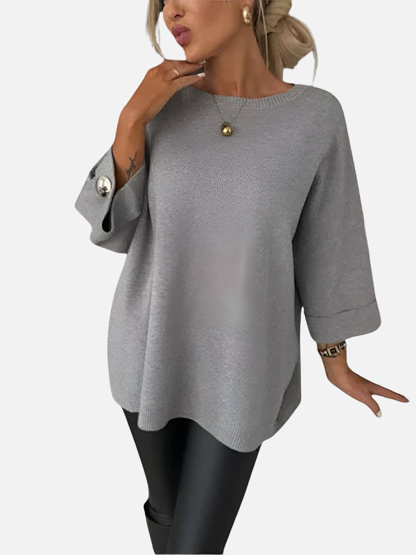 Damen graue lange Strickbluse mit klassischem Rundhalsausschnitt
