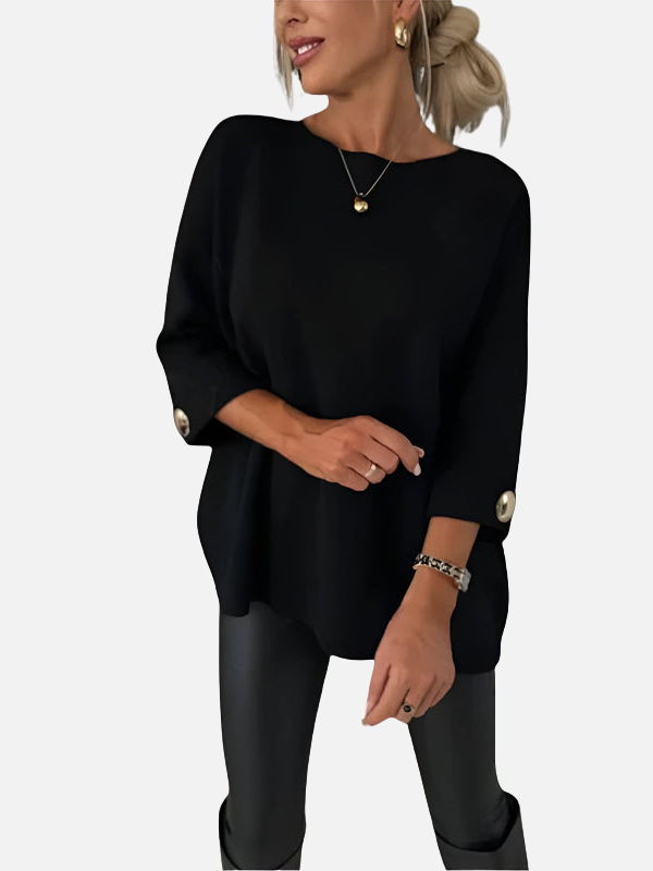 Damen schwarze lange Strickbluse kombiniert mit eleganter Hose