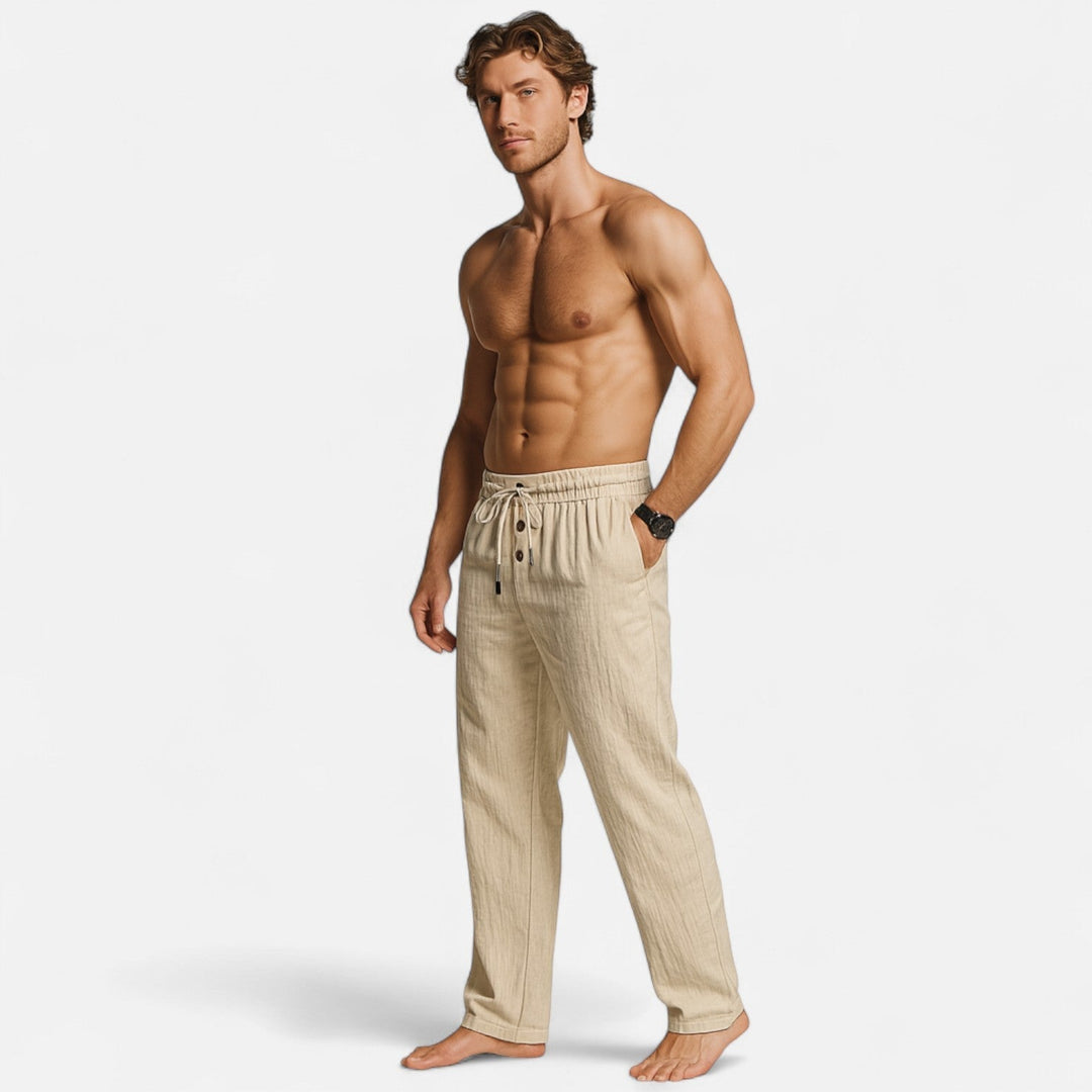 Vielseitige Herren-Sommerhose in Leinenoptik, lässig für Strand, Urlaub oder Freizeit.
