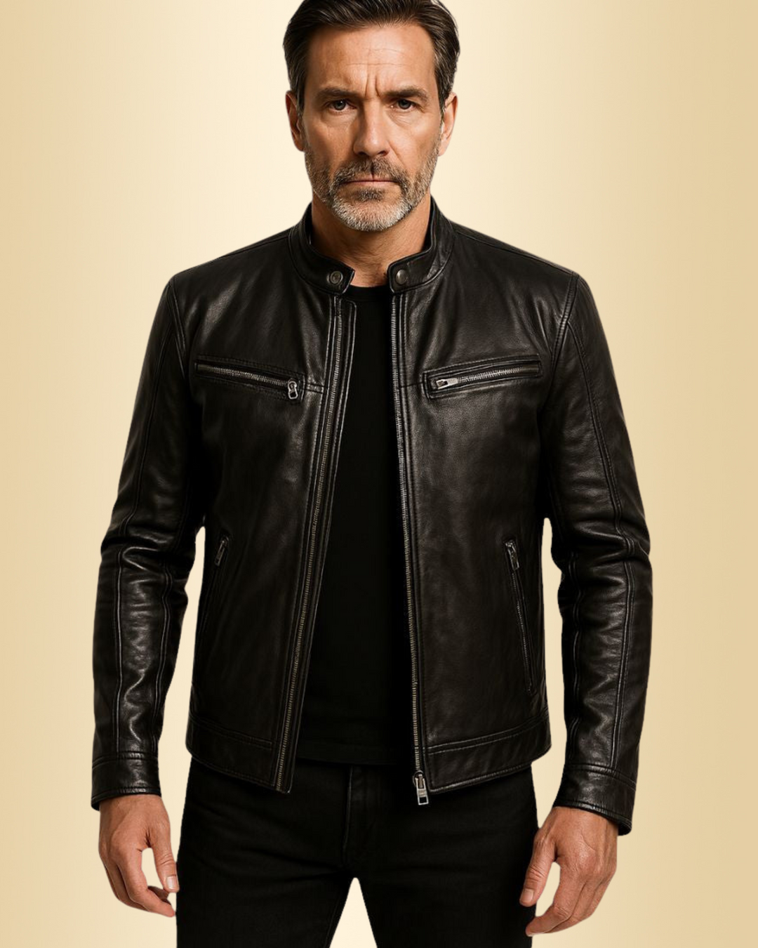 Elegante Herrenlederjacke in Schwarz mit Stehkragen für Business Casual