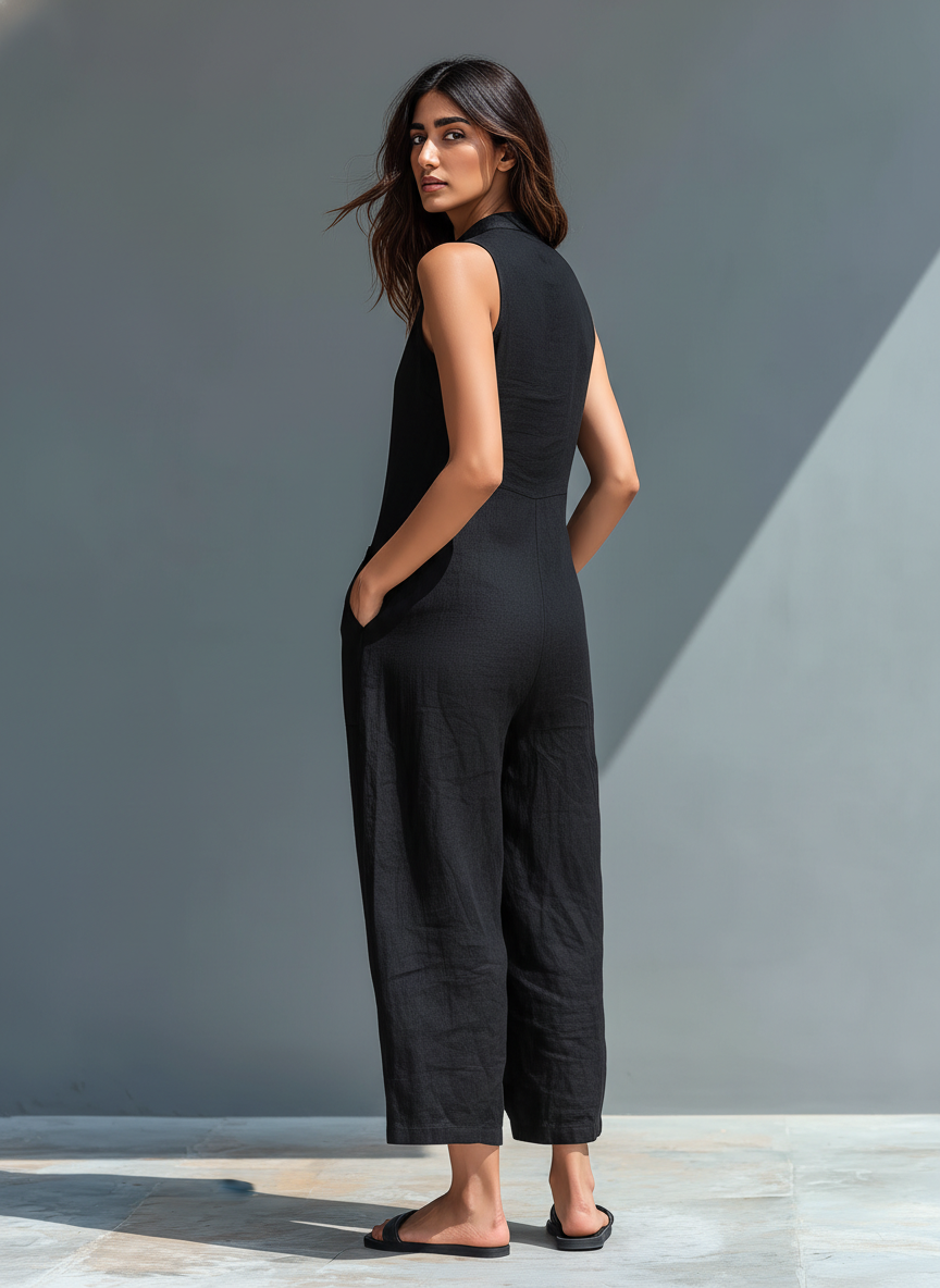 Elegante Frau in schwarzem Jumpsuit, Frontansicht