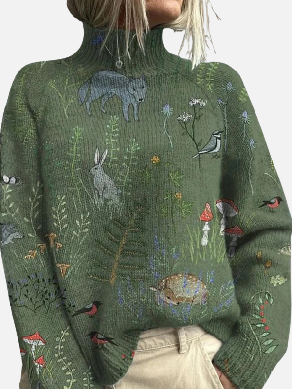 Damen Rollkragenpullover in Grün mit detailliertem Wald- und Tiermotiv