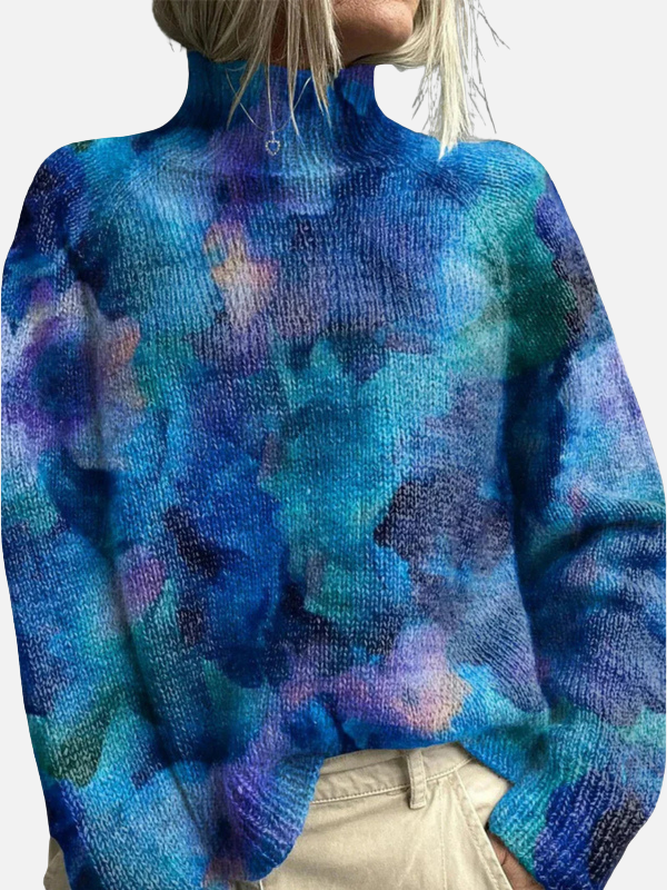 Blauer gemusterter Damen Rollkragenpullover mit künstlerischem Design