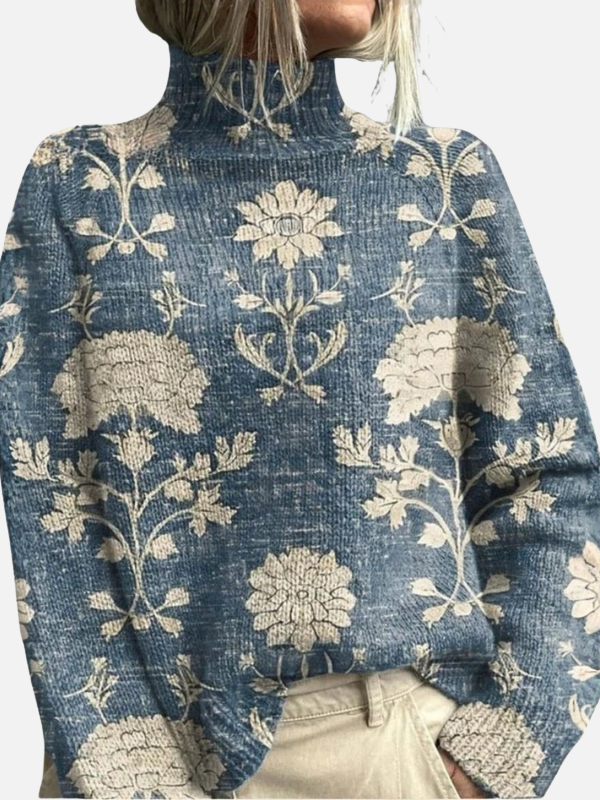 Hellblauer Damen Rollkragenpullover mit floralem Muster im Vintage-Stil
