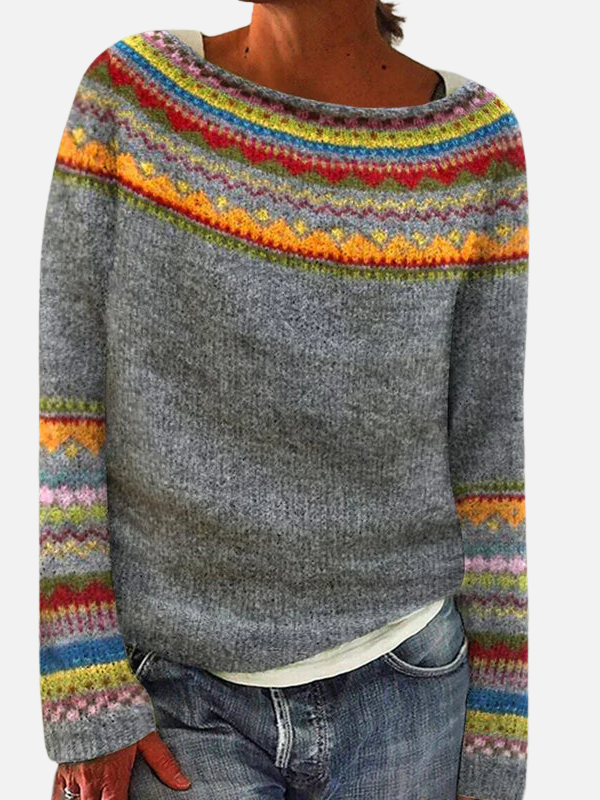 Damen Strickpullover in Grau mit buntem Regenbogenmuster an Passe und Ärmeln
