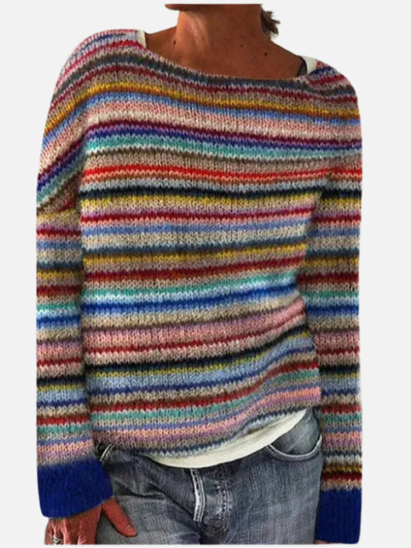 Damen Strickpullover mit durchgehendem bunten Streifenmuster