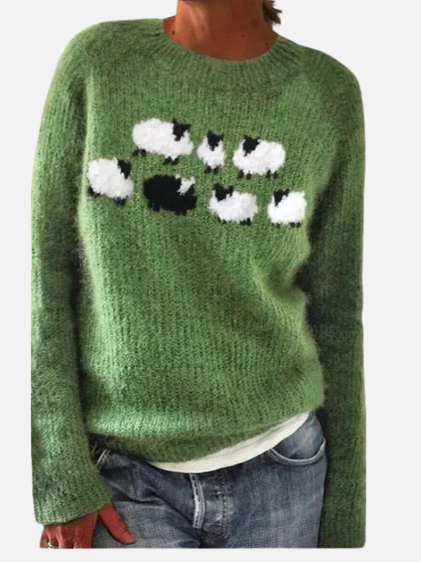 Damen Strickpullover in Grün mit Tiermotiv auf der Brust