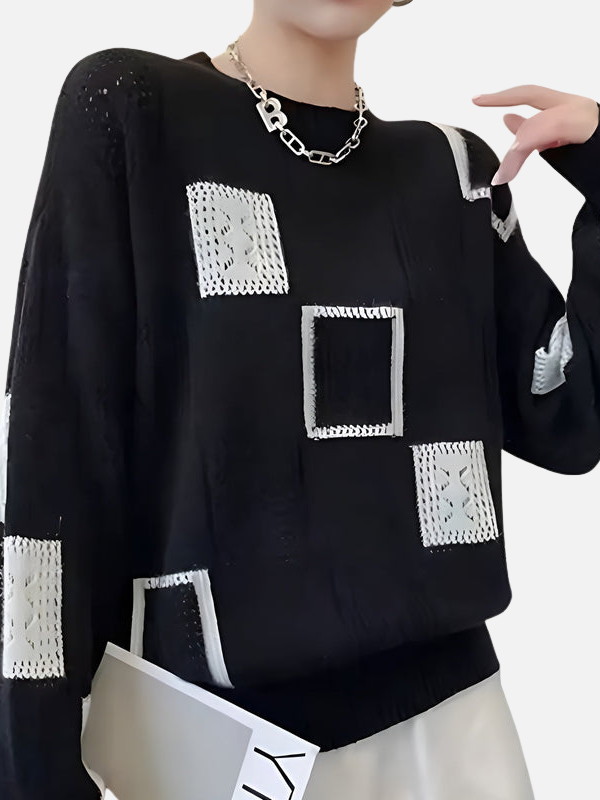 Damen Oversize Strickpullover mit grafischem Muster und Lochmuster in angesagter Herbstmode