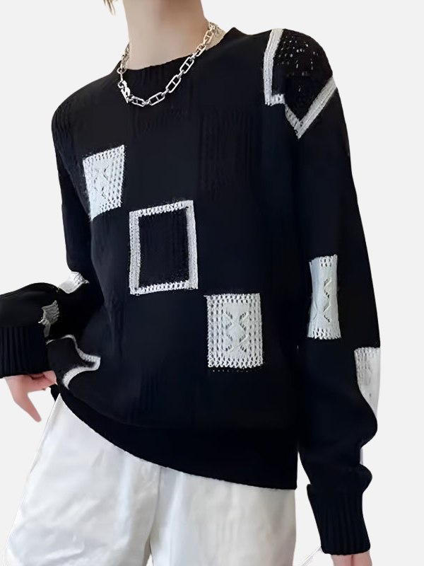Beige Langarm Damenmode Pullover mit feinem Lochmuster und modernem grafischen Design