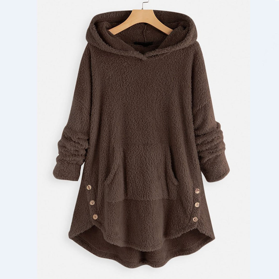 Flauschiger Damen Winterpullover aus Teddyfleece mit Katzen Motiv Tasche