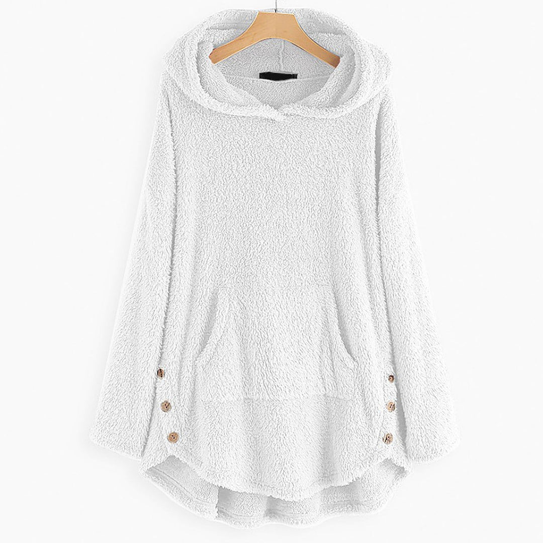 Gemütlicher Damen Kuschelpullover mit Kapuze und verspielter Katzen Applikation