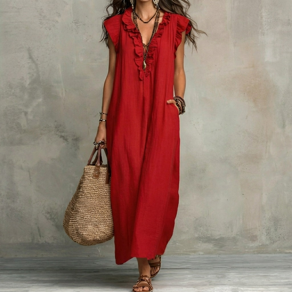 Damen Maxikleid mit V-Ausschnitt, Stoffstruktur und Muster im Detail