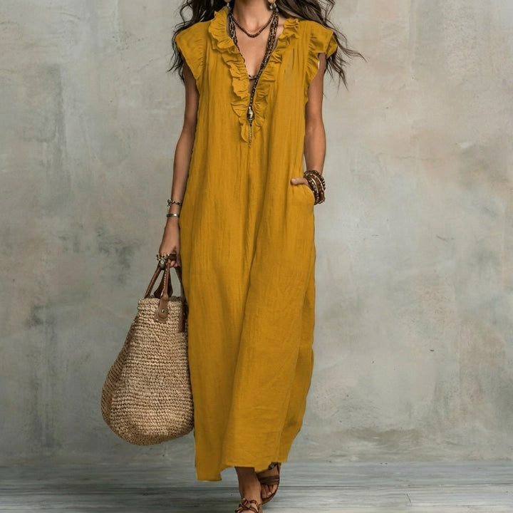 Langes Kleid für Damen, Ärmel und Schulterpartie im Nahaufnahme