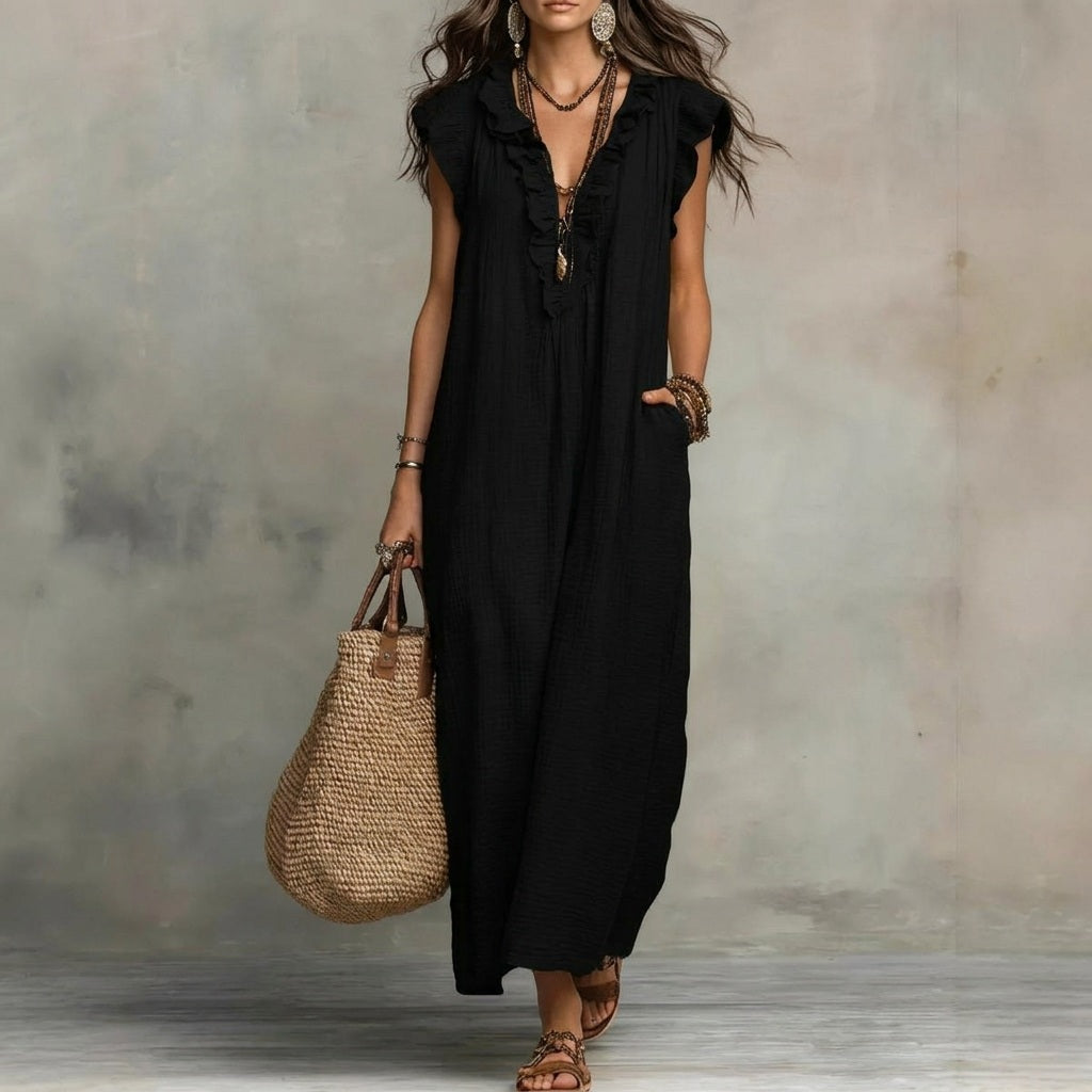 Damen Maxikleid in Schwarz mit Rüschen von vorne präsentiert