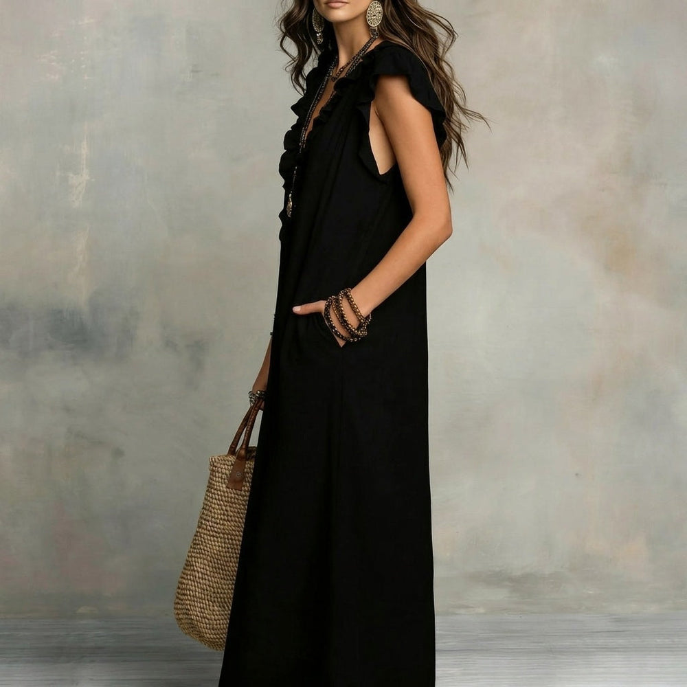 Damen Maxikleid in Schwarz mit Rüschen in Seitenansicht